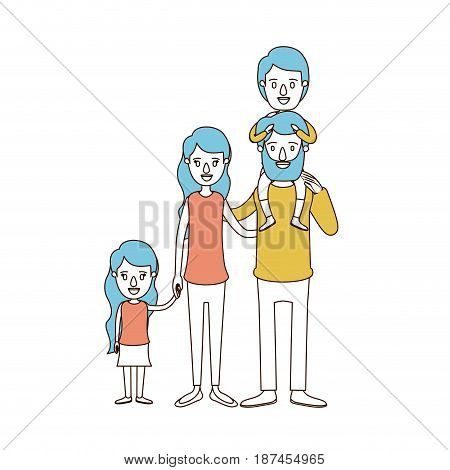 caricature color sections and blue hair of big family parents with boy on his back and daugther taken hands vector illustration