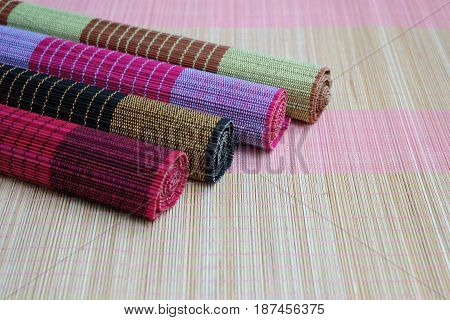 Colorful of bamboo mat plate, Colorful pattern, Bamboo texture, Blank space of bamboo mat, Japanese Bamboo plate