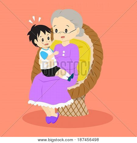 granny sitting happily in a rattan chair with her grandson on her lap