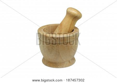 Wooden mortar and pestle for crushing herbal medicine or cooking, isolate on white background