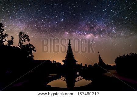 Milky way over the pagoda on Doi-Inthanon national park in Chiangmai Thailand