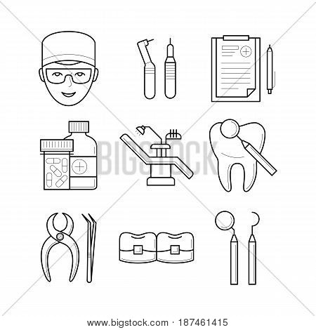 Set of stomatological objects, doctor, icons, vector illustration, dental handpiece, list, pills, chair, tooth, tools, professional treatment procedure pictogram, health concept. Vector illustration