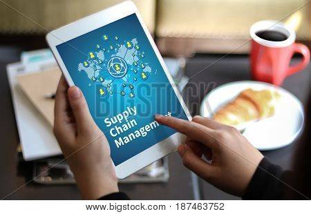 Scm Supply Chain Management Concept Modern People Doing Business, Graphs And Charts Being Demonstrat