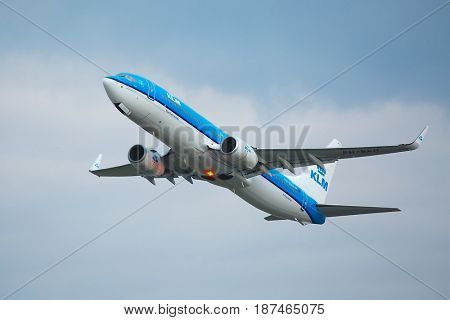 BUDAPEST, HUNGARY - MAY 02: KLM airliner taking off at Budapest (LHBP), May 2th 2014. KLM Royal Dutch Airlines is the flag carrier airline of the Netherlands