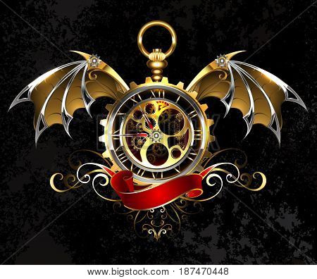 Gold, antique watches with mechanical, gold dragon wings, decorated with a bronze pattern and a red ribbon. Gold Antique Watches. Steampunk style.