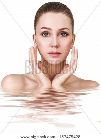 Beautiful sensual woman in water with crystal clear surface.