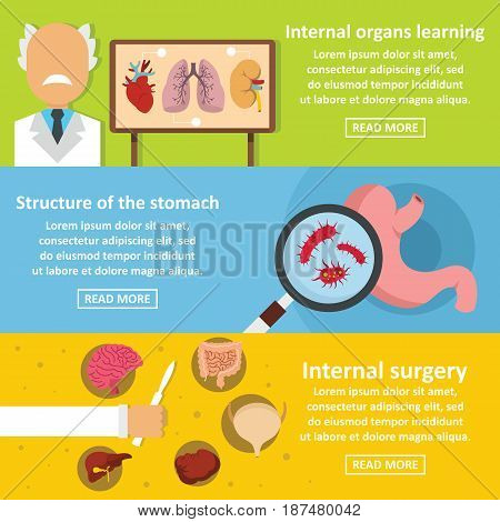Internal organs banner horizontal concept set. Flat illustration of 3 internal organs vector banner horizontal concepts for web