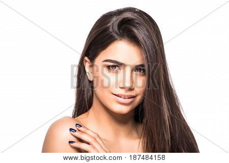 Studio Portrait Of A Beautiful Young Woman With Brown Hair. Pretty Model Girl With Perfect Fresh Cle