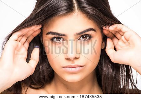 Beauty Portrait. Beautiful Spa Woman Touching Her Face. Perfect Fresh Skin Isolated On White Backgro