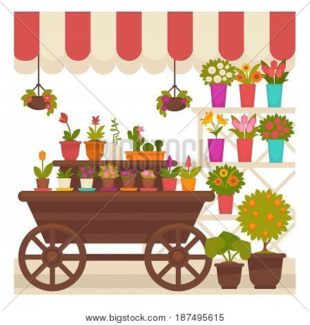 Trade striped tent with natural flowers and indoor plants in clay and ceramic pots on wooden cart, creamy color stand and suspended from ceiling isolated vector illustration on white background.