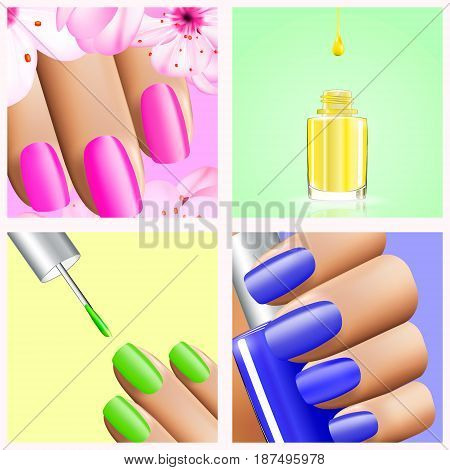 Colorful rainbow collection of nail designs for 4 seasons: summer spring, winter and autumn. Vector 3d illustration. Nailpolish lacquer ads, nail polish splatter. Manicure vogue ads for design.