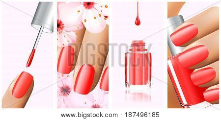 Colorful red collection of nail designs for summer and spring. Vector 3d illustration. Nailpolish lacquer ads, nail polish splatter on white background. Manicure vogue ads for design.