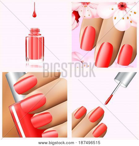Colorful red collection of nail designs for summer and spring. Vector 3d illustration. Nailpolish lacquer ads, nail polish splatter on white background. Manicure vogue ads for design.