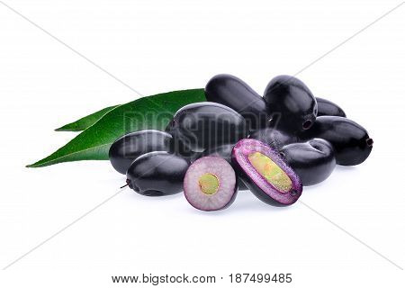 jambolan plum or Java plum with green leaves isolated on white background