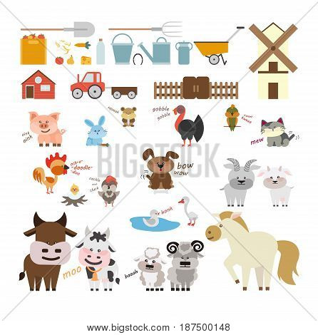 Farm animals and equipment set. Cow and horse, goat and dog and more.
