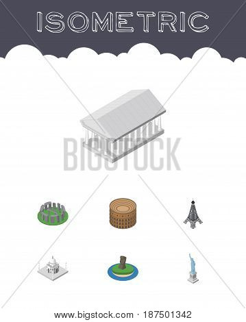 Isometric Attraction Set Of England, Paris, Coliseum Vector Objects. Also Includes MoAI, Colosseum, America Elements.