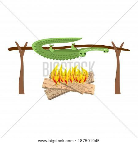 Grilled Crocodile Meat On Spit. Roasting Alligator. Bbq Croc