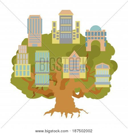 House On Tree. Office Buildings On Oak. Alligory New Residential Quarter