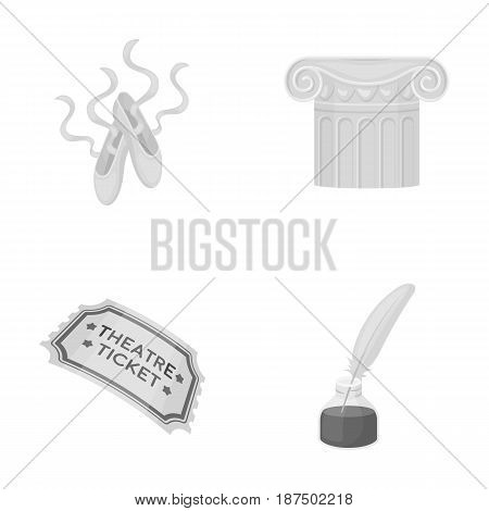 Pointe shoes, column, theater ticket, inkwell with feather. Theater set collection icons in monochrome style vector symbol stock illustration .