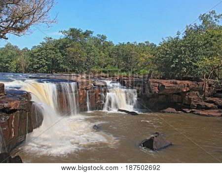 beautiful scenic of waterfall Tadtone in climate forest of Thailand