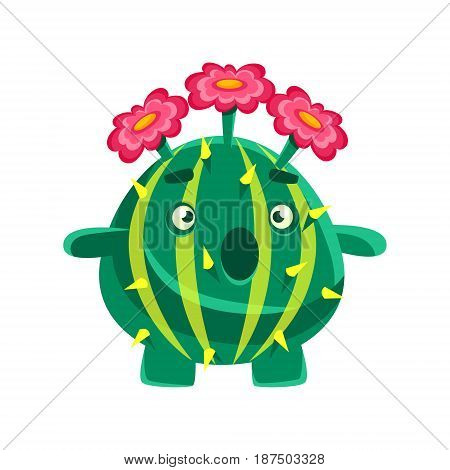 Funny surprised succulent with pink flowers. Cartoon emotions character vector Illustration isolated on a white background