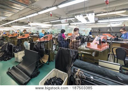 MOSCOW, RUSSIA - FEBRUARY 21, 2017: Moscow shoe factory JSC RALF RINGER. Shop processing of leather blanks.