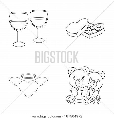 Glasses with wine, chocolate hearts, bears, valentine.Romantik set collection icons in outline style vector symbol stock illustration .