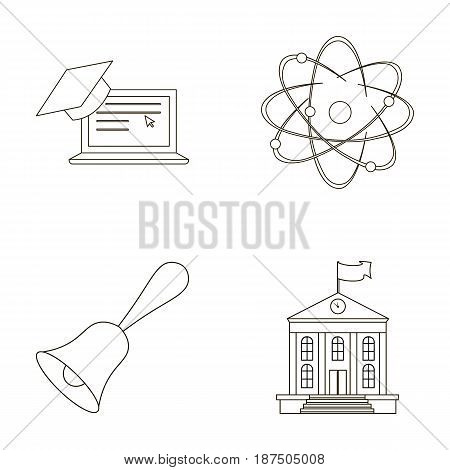 Computer, cap, atom, nucleus, bell, university building. School set collection icons in outline style vector symbol stock illustration .