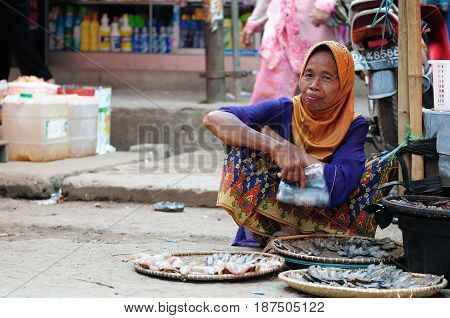 MARTAPURA BORNEO INDONESIA - 20 JULY 2011: Photo from traditional exotic tribal market (pasar) in Indonesia on the Kalimantan island Woman selling dried fish