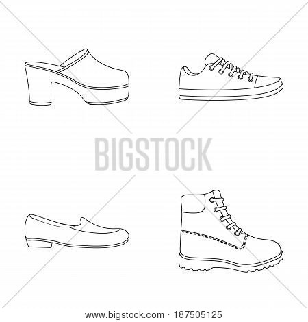 Flip-flops, clogs on a high platform and heel, green sneakers with laces, female gray ballet flats, red shoes on the tractor sole. Shoes set collection icons in outline style vector symbol stock illustration .