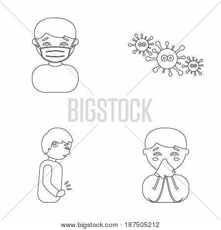 A man in a medical mask, a man who has a stomachache, a boy with a handkerchief, viruses, germs, bacteria. Sick set collection icons in outline style vector symbol stock illustration .