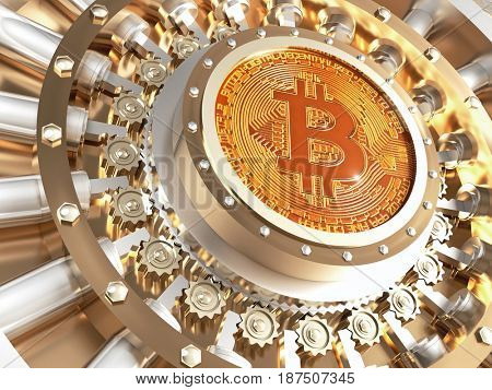 concept of bitcoin crypto currency safe 3d rendering image