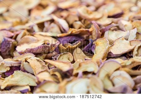 Slices of dried apples on the table