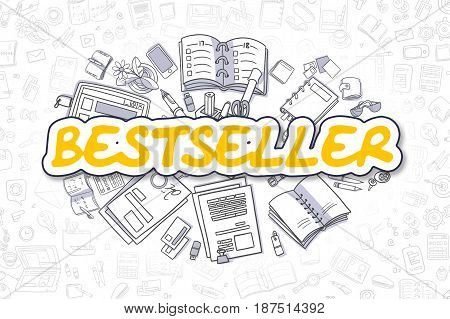 Bestseller Doodle Illustration of Yellow Word and Stationery Surrounded by Cartoon Icons. Business Concept for Web Banners and Printed Materials.