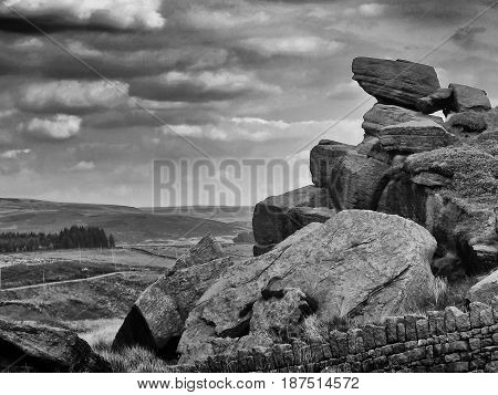 rocky outcrops and stone walls on the yorkshire moors - pennines