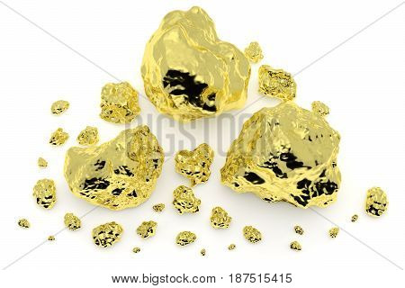 Big and small golden nuggets closeup isolated on white background. Gold ore in its origin as pieces of gold. 3D illustration