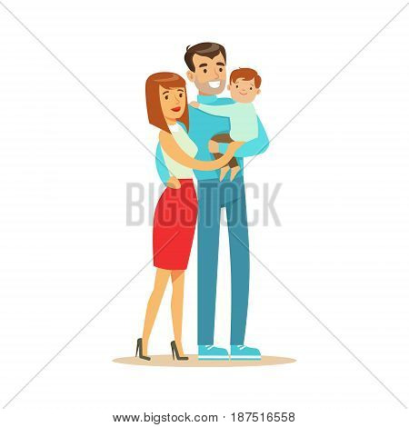 Happy young couple and cute baby boy, father hilding their son colorful characters vector Illustration isolated on a white background