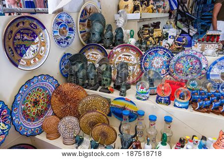 HERAKLION GREECE - JULY 09 2016: Crete. Traditional Cretan souvenirs and gifts. Heraklion - the largest city on the island.