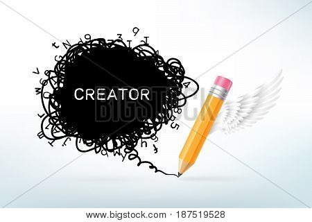 Thick pencil with white wing and black scribble text box. Creation and imagination concept. Vector illustration in realistic style.