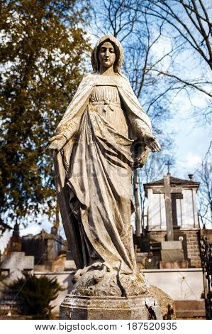 Statue of Virgin Mary at Rasu cemetery in Vilnius Lithuania