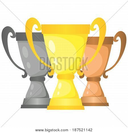 Set of vector trophy champion cups in gold silver and bronze. Championship prizes for first second and third place. Victory symbols isolated on white background.