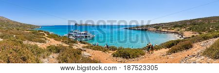CRETE GREECE - JULY 11 2016: Beautiful bay. Kolokitha beach. Peninsula Kalydon. The island of Crete. A popular tourist destination. Panoramic view.