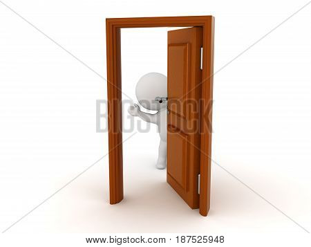 3D Character waving from behind a half opened door. The character is cute.