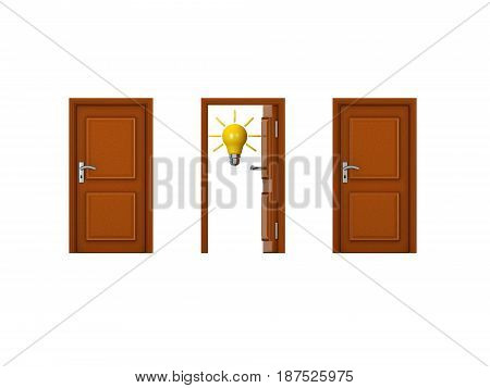 0439 3D illustration of three doors with one being open and has a lightbulb. Image can convey the concept of innovation.