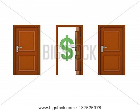 3D illustration of three doors with one being open. Image could convey the idea of an opportunity.
