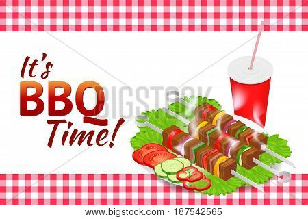 Barbecue party horizontal banner. Grill summer food. Picnic cooking device. Flat isometric illustration. Family weekend. BBQ is both a cooking method and an apparatus