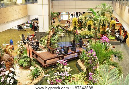 SINGAPORE- MAY 18 2017: Interior of Changi Airport. Singapore. Changi Airport is the primary civilian airport for Singapore and one of the largest transportation hubs in Southeast Asia