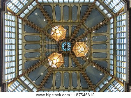 LONDON, UK, 19TH NOVEMBER 2016 - Ceiling detail in Leadenhall market covered shopping arcade dating back to the 14th Century in the city of London