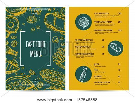 Restaurant menu with food pencil doodles. Cafe bar price catalog, junk food card with snack linear sketches. Fast food vector template with hand drawn pizza, hot dog, chicken, drink graphic