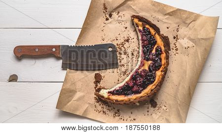 Top View Of Cheesecake On The Kraft Paper On The White Boards
